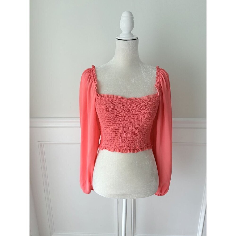 Forever 21 Salmon Pink Sheer Bishop-Sleeve Smocked Crop Top Size S